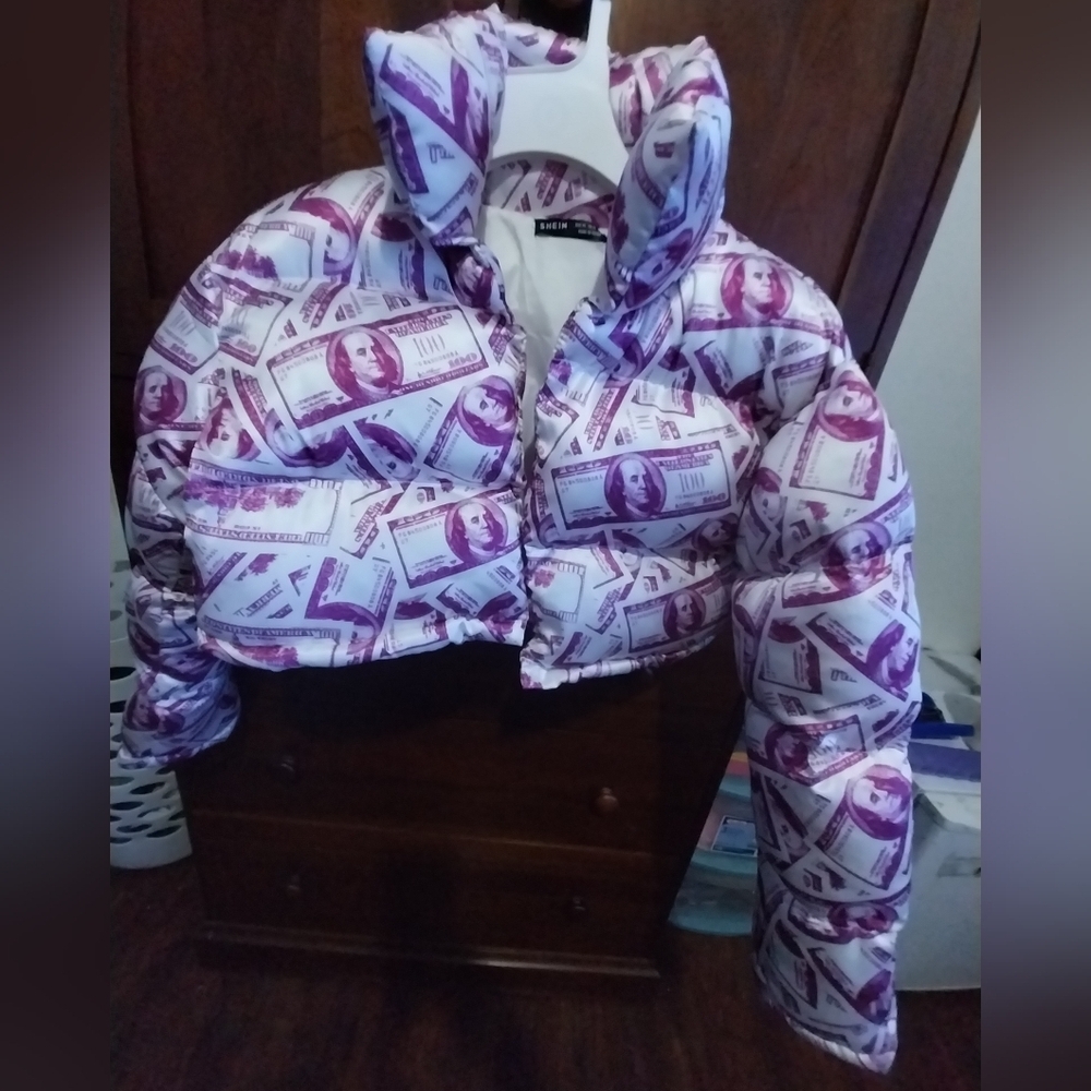 Purple Money Print Puffer Jacket